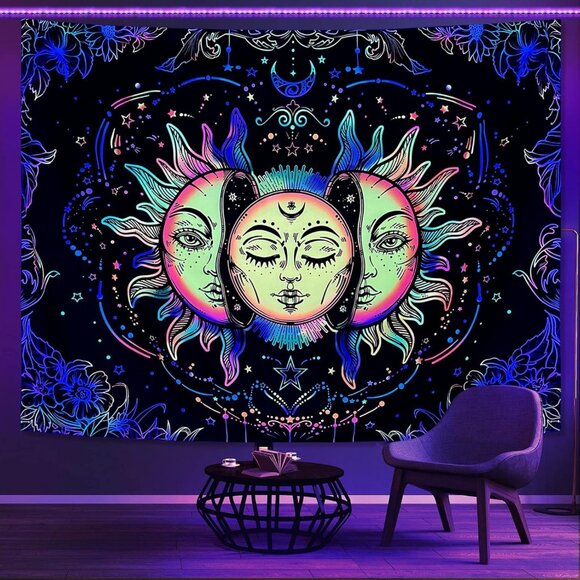 Blacklight Sun and Moon Tapestry, UV Reactive Burning Sun Tapestries Glow in Dar - Picture 1 of 9